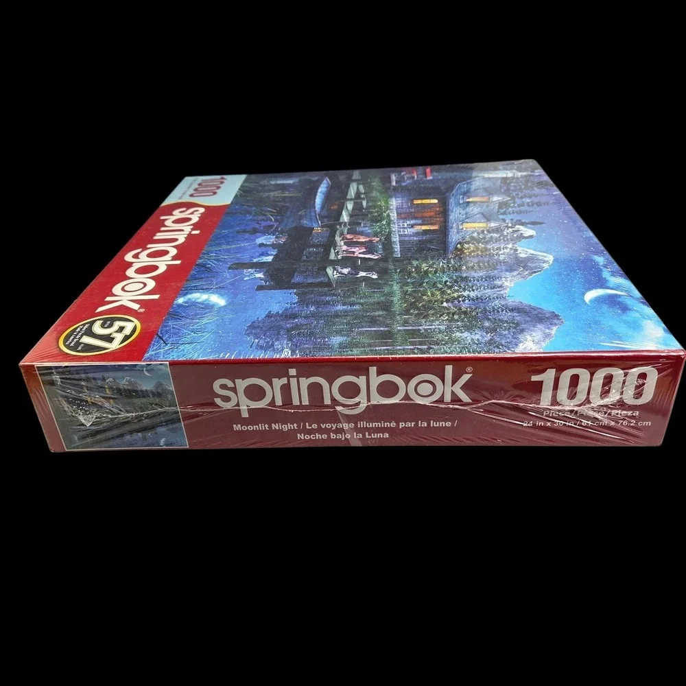 Springbok Moonlit Night 1000 Piece Puzzle 24 x 30 Dogs Cabin Lake Mountains New‎